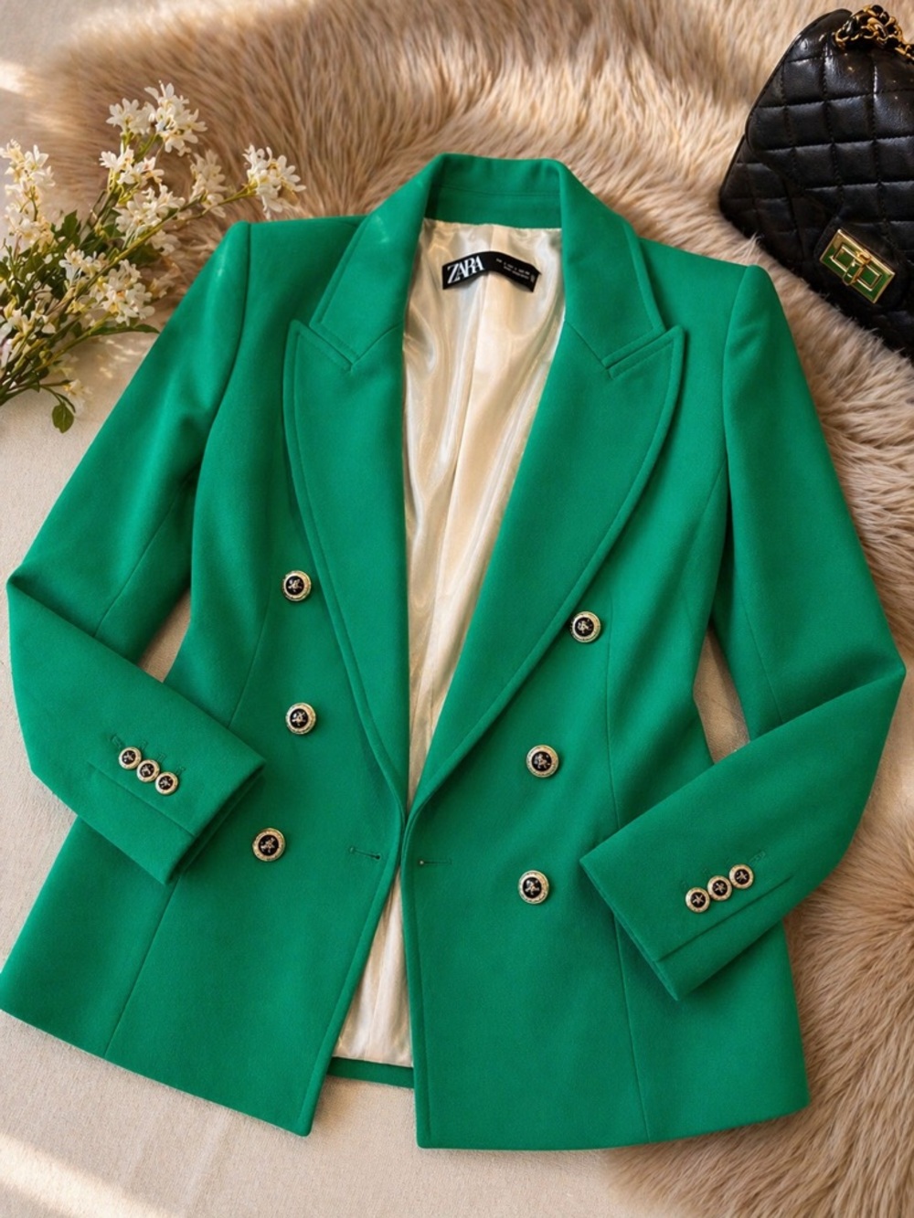 Zara Green Structured Blazer | Shoulder Pads | Double Breasted | Chic Statement